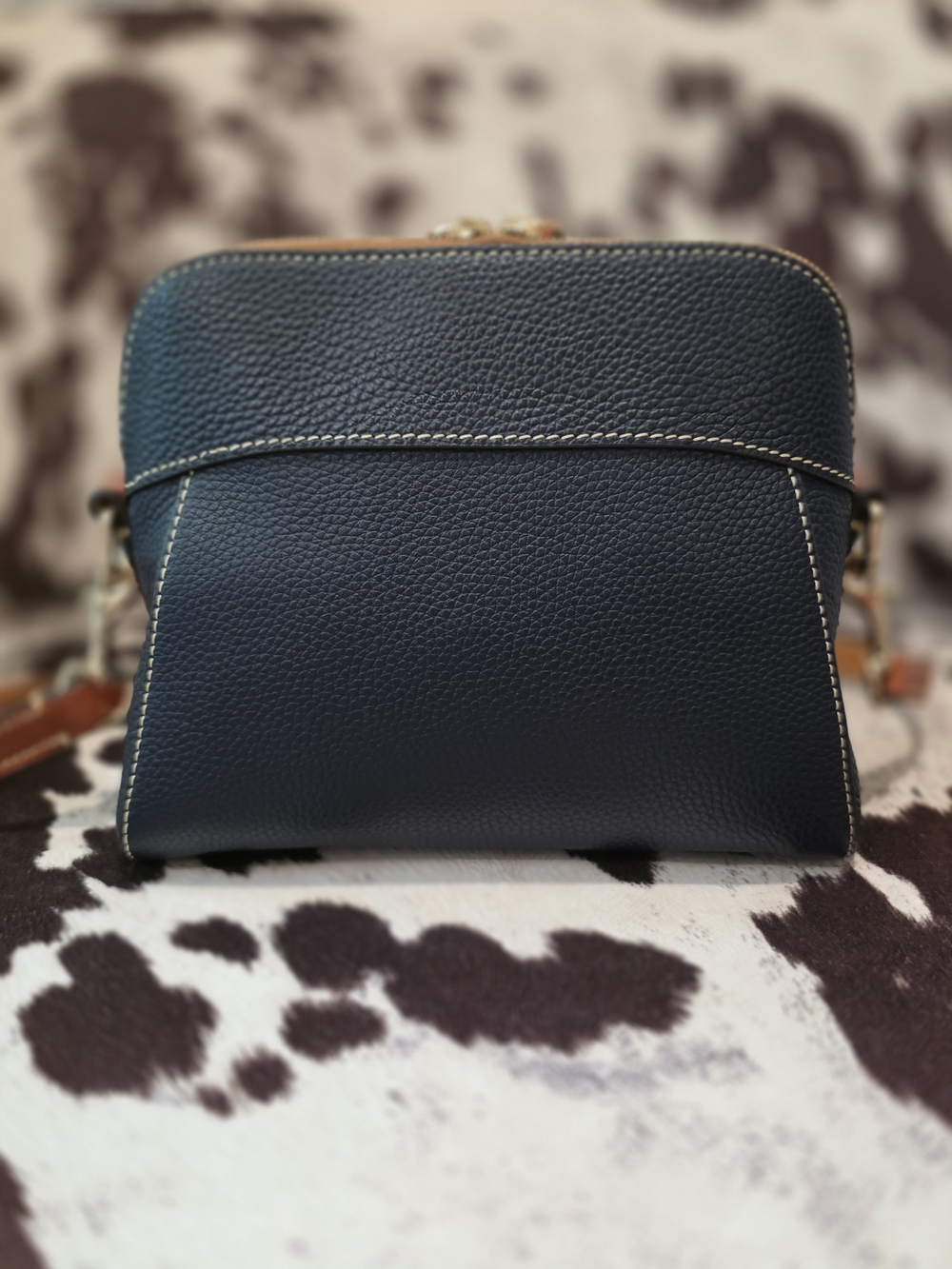 Dooney & Bourke Navy Pebbled Leather Crossbody with Tan Strap - Picture 4 of 11